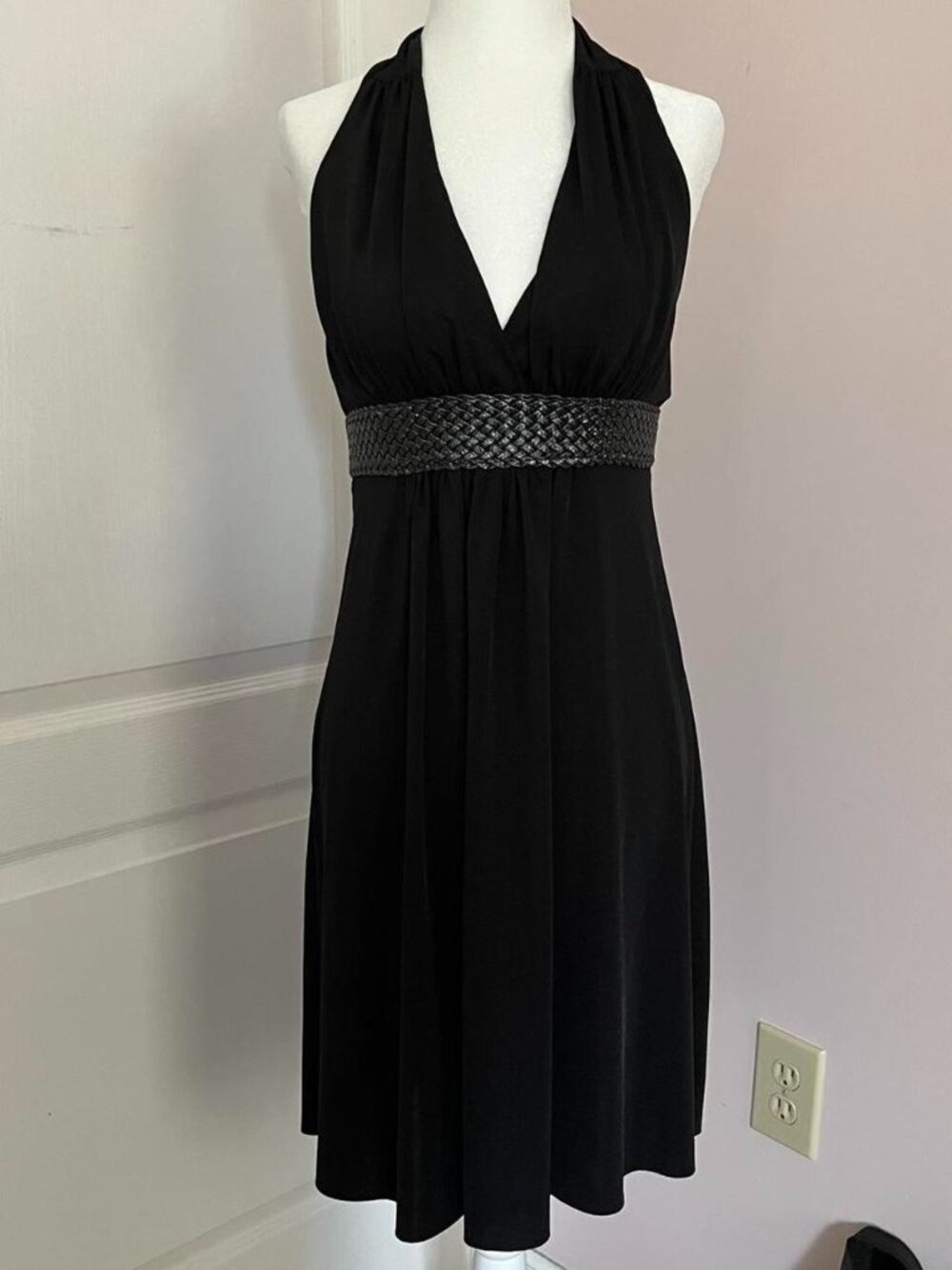 black halter neck dress with silver beaded/braided belt like waistband & bow